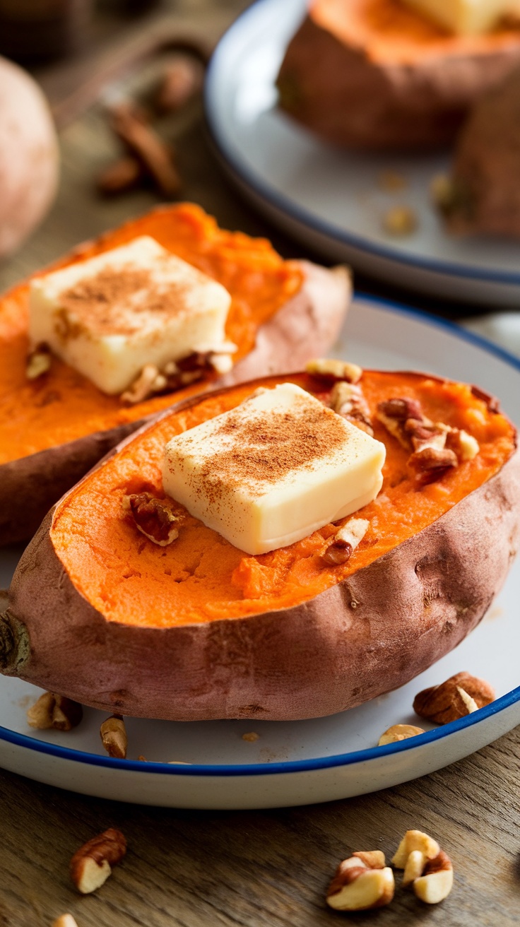 A plate of baked sweet potatoes garnished with cinnamon and butter, set on a rustic wooden table.